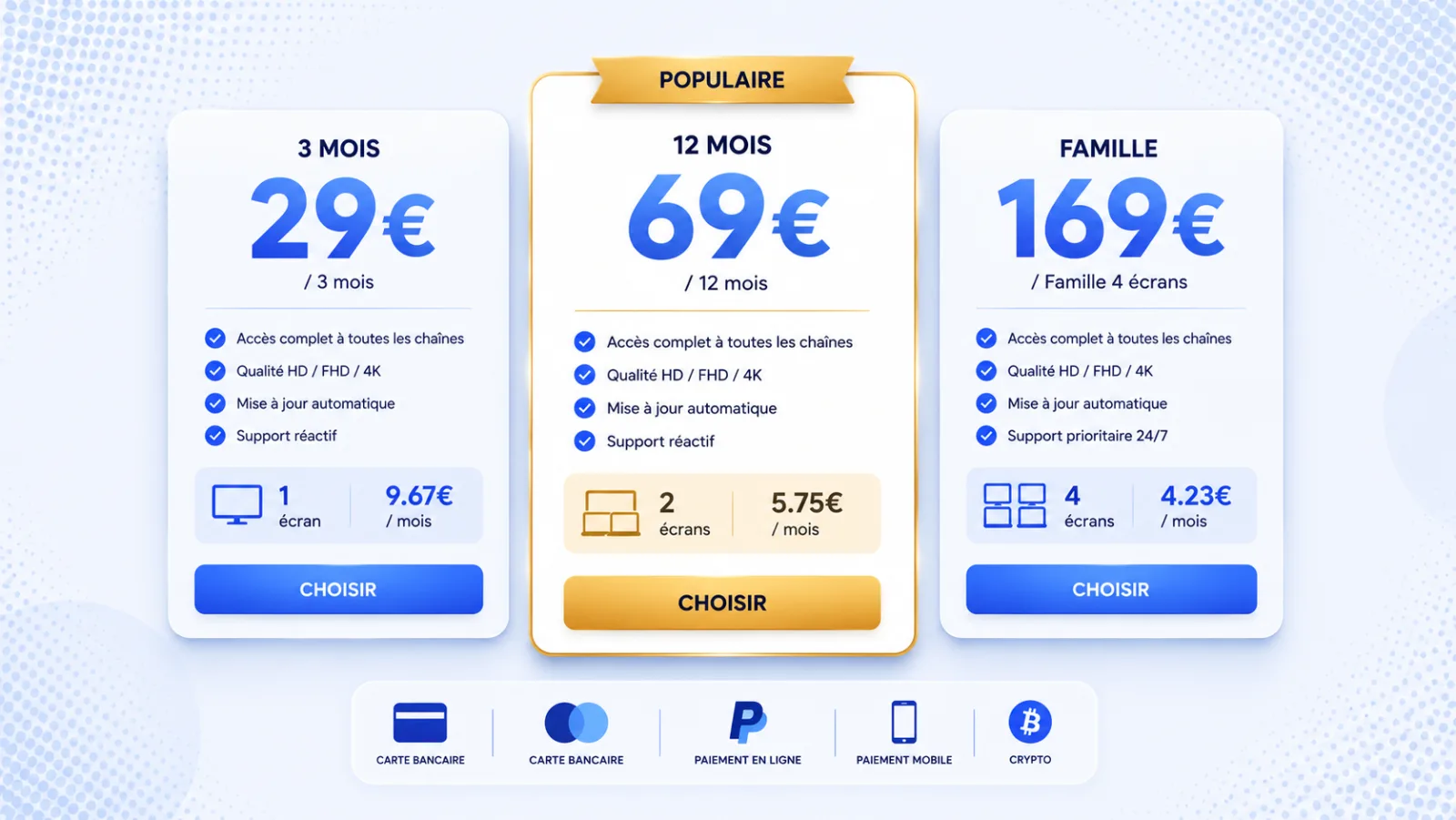 Tarifs Smarters Pro 2026 - formules 3 mois 12 mois famille