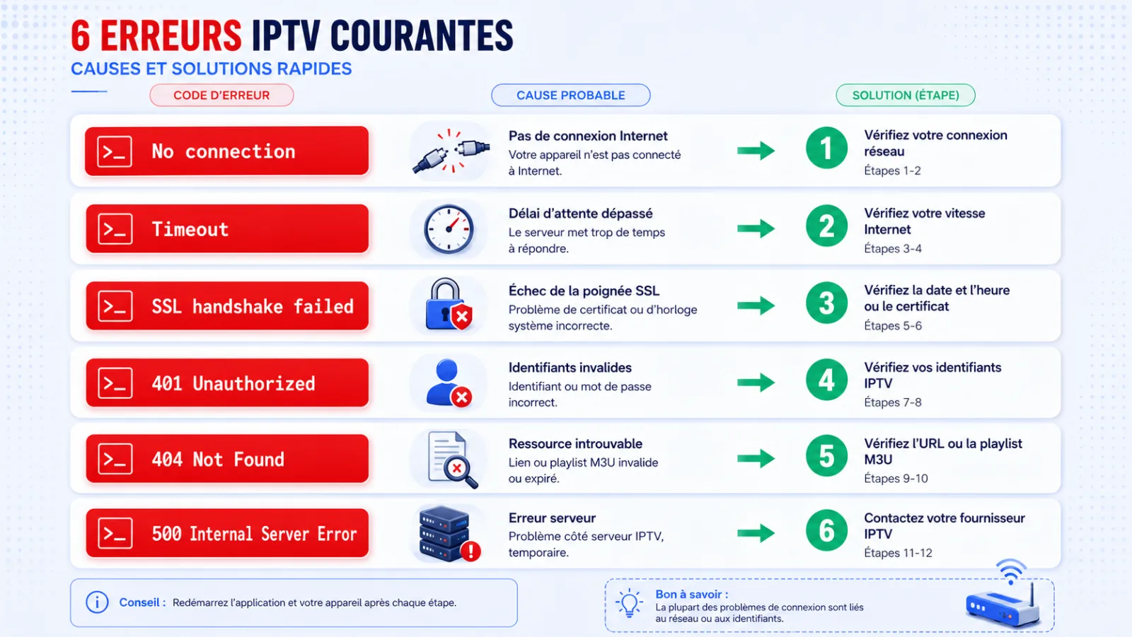 Codes erreur connexion IPTV Smarters Pro avec solutions