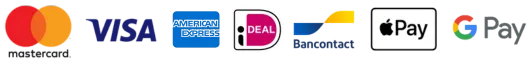 Mastercard, Visa, AMEX, iDEAL, Bancontact, Apple Pay, Google Pay